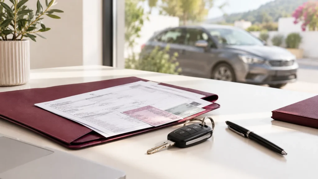 Permiso de circulación y ficha técnica dentro de una carpeta, junto a las llaves del coche