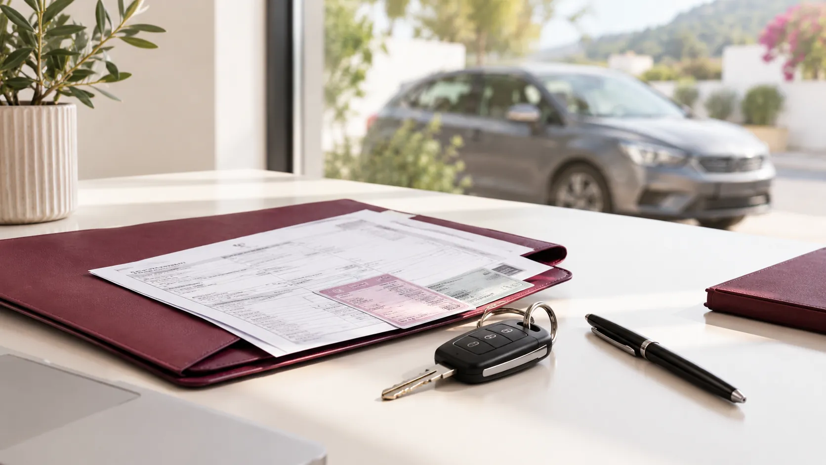 Documentación obligatoria del coche Permiso de circulación y ficha técnica dentro de una carpeta, junto a las llaves del coche